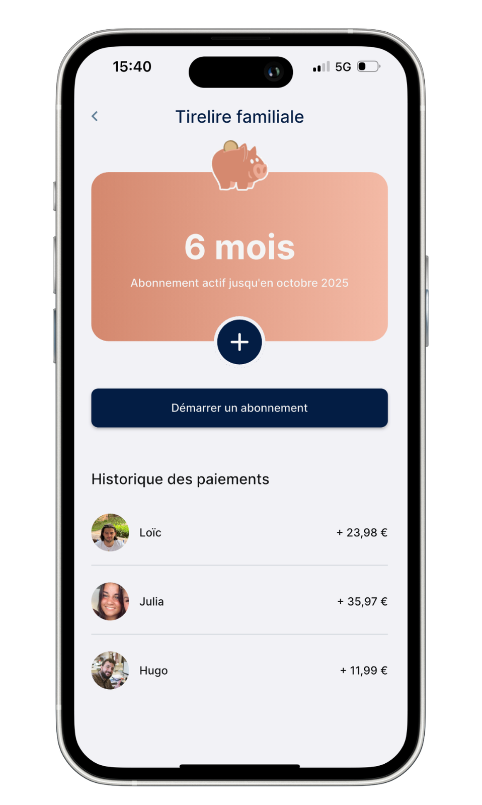 Tirelire familiale dans l'application